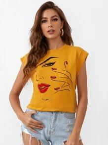 SHEIN Camiseta de manga casquillo con estampado de figura - Mostaza Amarilla - Ver 1