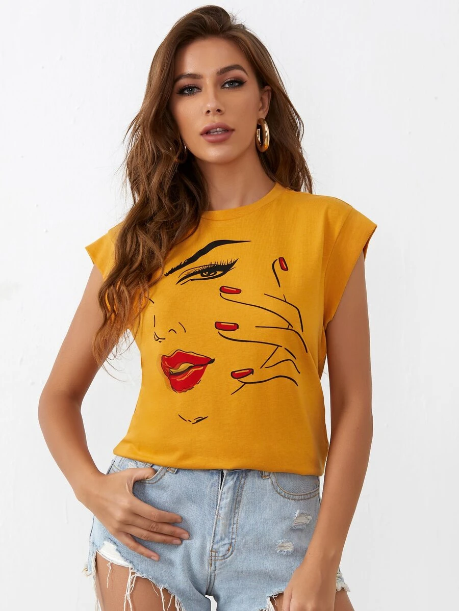 SHEIN Camiseta de manga casquillo con estampado de figura - Mostaza Amarilla - Ver 1