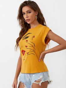 SHEIN Camiseta de manga casquillo con estampado de figura - Mostaza Amarilla - Ver 3