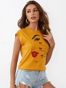 SHEIN Camiseta de manga casquillo con estampado de figura - Mostaza Amarilla - Ver 4