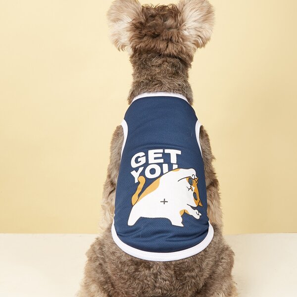

Cartoon Cat Print Pet Tank, Navy blue