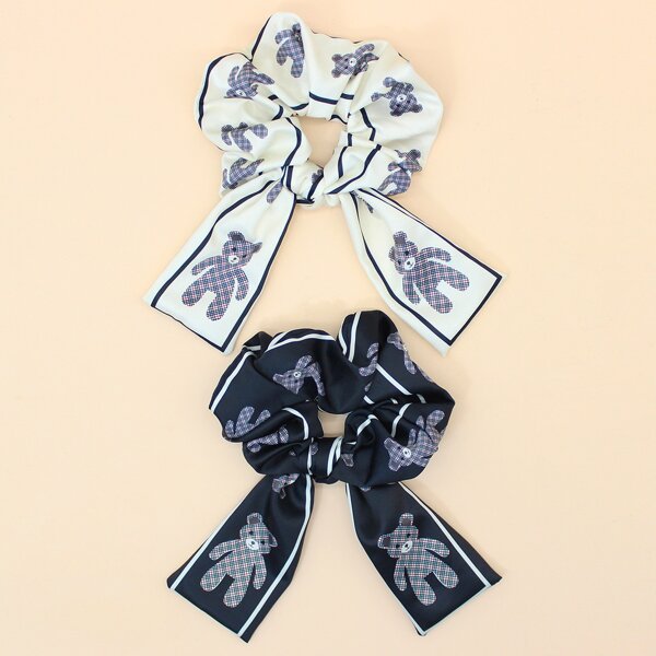 

2pcs Toddler Girls Bear Print Scarf Hair Tie, Multicolor