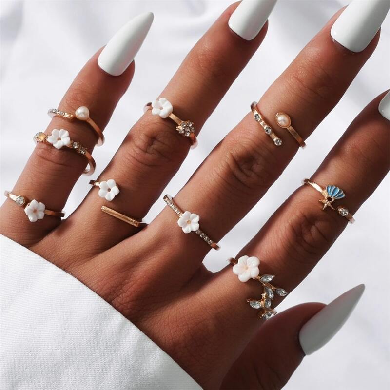 

9pcs Flower Rhinestone Ring, Gold