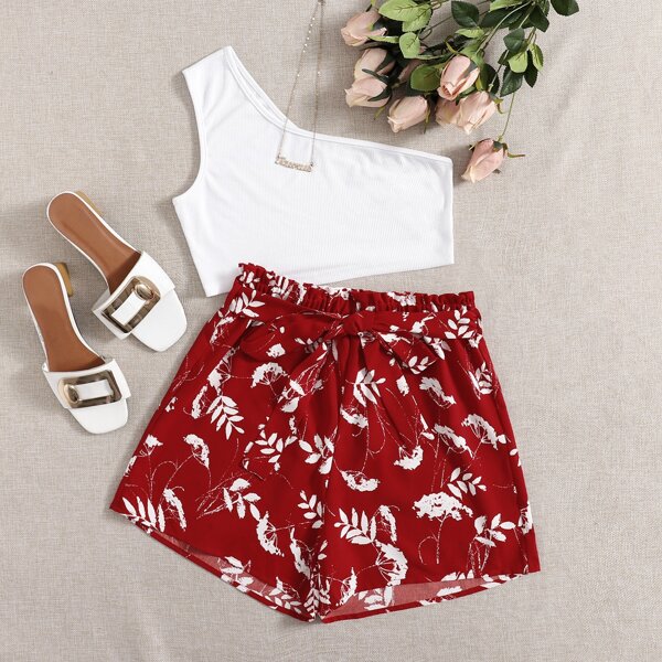 

One Shoulder Crop Top With Floral Print Belted Shorts, Red and white