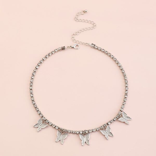 

Girls Butterfly Charm Rhinestone Decor Necklace, Silver