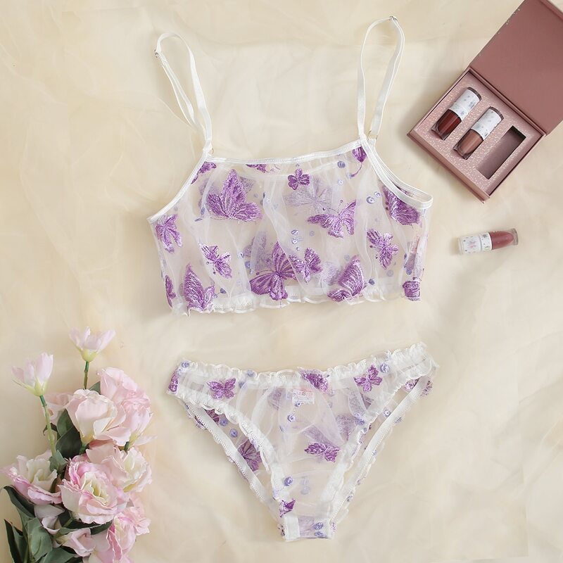 

Butterfly Embroidered Mesh Lingerie Set, White
