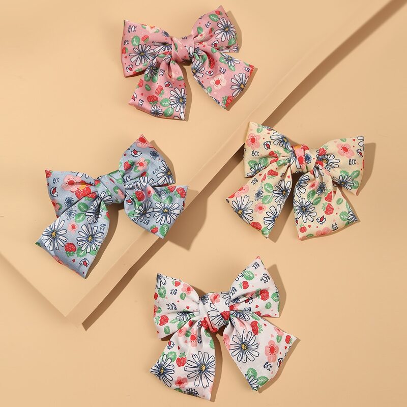 

4pcs Flower Print Bow Decor Hair Clip, Multicolor