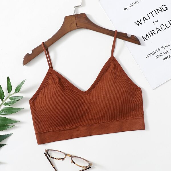 

Rib Spaghetti Strap Bralette, Rust brown