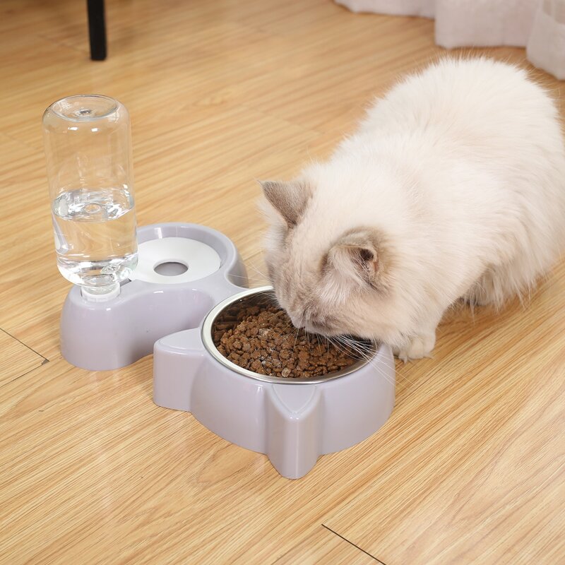 

1set Cat Ear Pet Bowl With Drinking Bottle, Grey