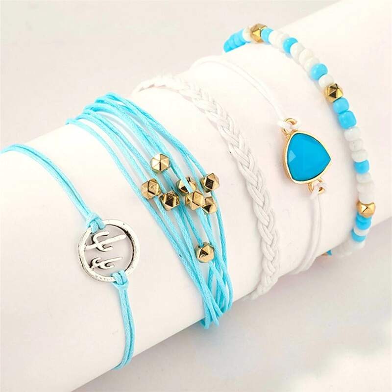 

5pcs Cactus Rope & Beaded Bracelet, Blue