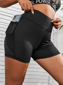 Plus Solid Sports Shorts With Phone Pocket - Black - View 1