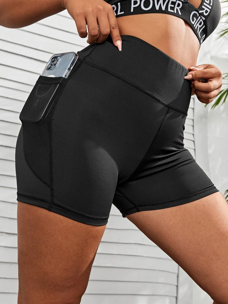 Plus Solid Sports Shorts With Phone Pocket - Black - View 1