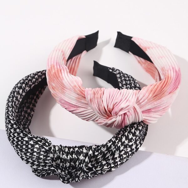 

2pcs Houndstooth Pattern Knot Decor Headband, Multicolor