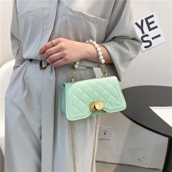 

Faux Pearl Decor Quilted Satchel Bag, Mint green