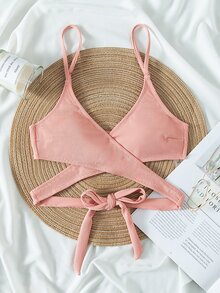 Top bikini cruzado de canalé - Rosa vieja - Ver 3