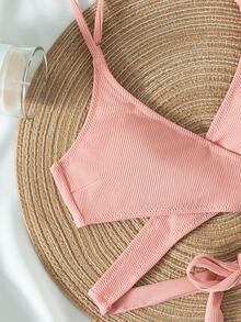 Top bikini cruzado de canalé - Rosa vieja - Ver 4