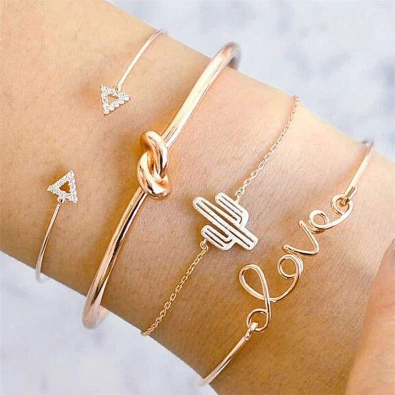 

4pcs Cactus & Letter Decor Bracelet, Gold