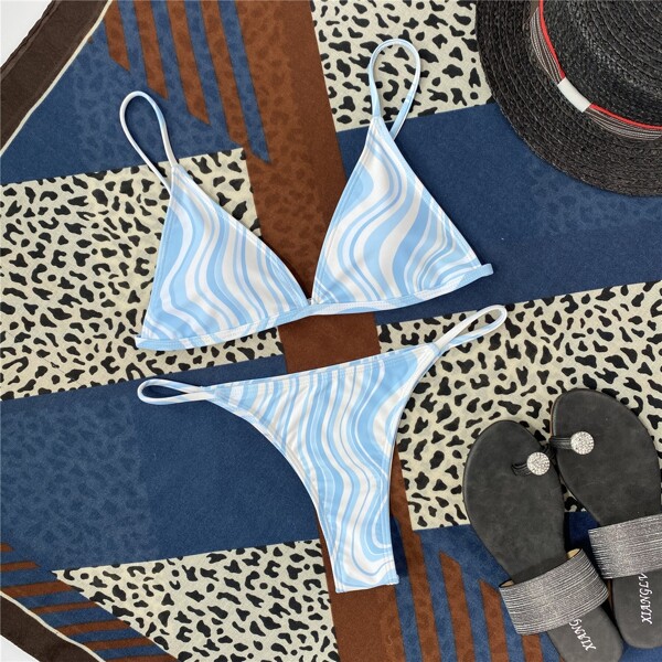 

Wave Print Triangle Thong Bikini Swimsuit, Blue and white