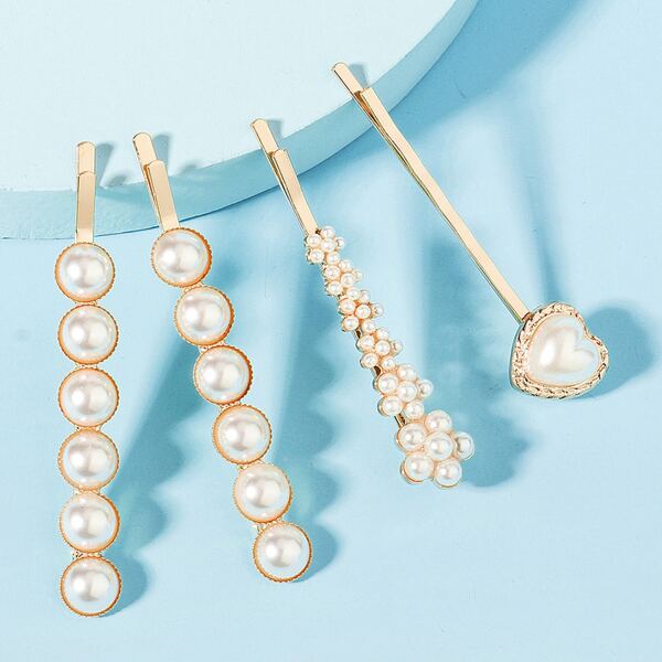 

4pcs Faux Pearl Decor Hair Clip, Gold