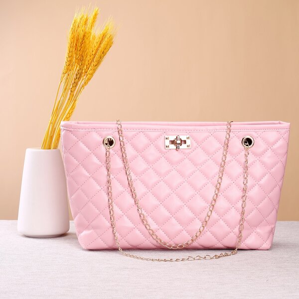 

Metal Lock Quilted Chain Shoulder Tote Bag, Pink