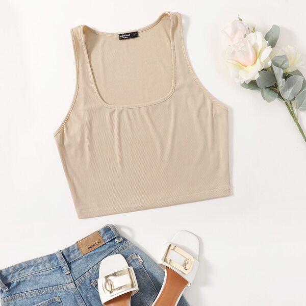 

Plus Solid Ribbed Crop Tank Top, Khaki
