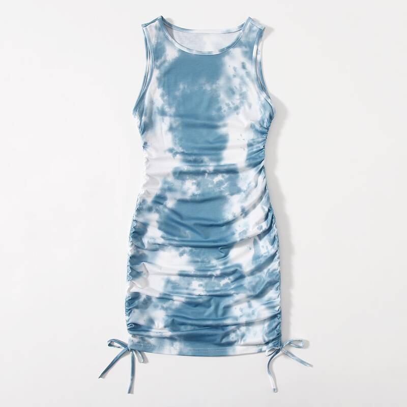 

Tie Dye Drawstring Ruched Dress, Blue and white