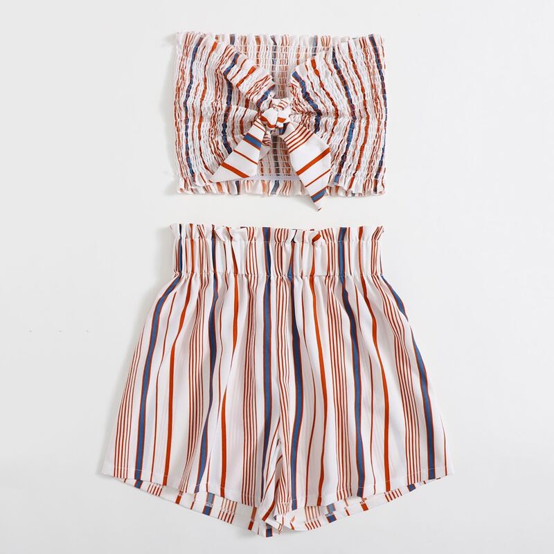 

Striped Shirred Knot Tube Top & Shorts, Multicolor