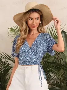 SHEIN 圍裹側繫帶小碎花襯衫