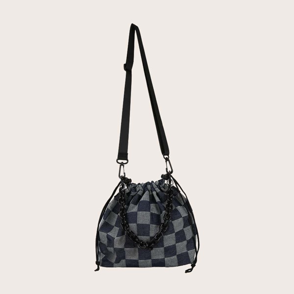 

Men Gingham Chain Decor Crossbody Bag, Blue