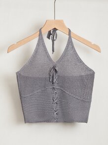 Lace Up Detail Halter Knit Top - Grey - View 1
