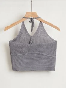 Lace Up Detail Halter Knit Top - Grey - View 2