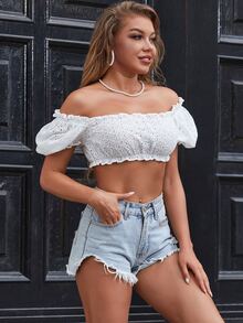 Eyelet Embroidery Bardot Crop Top - White - View 5