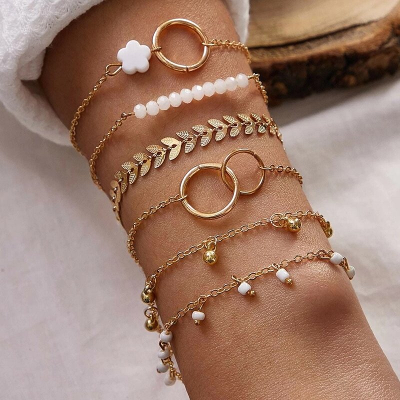

6pcs Leaf & Ring Bracelet, Gold