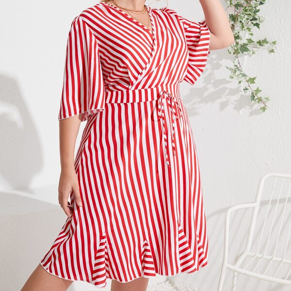 

Plus Striped Knot Front Dress, Red and white