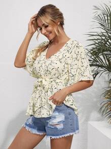 SHEIN Unity Allover Print Belted Top - Yellow - View 1