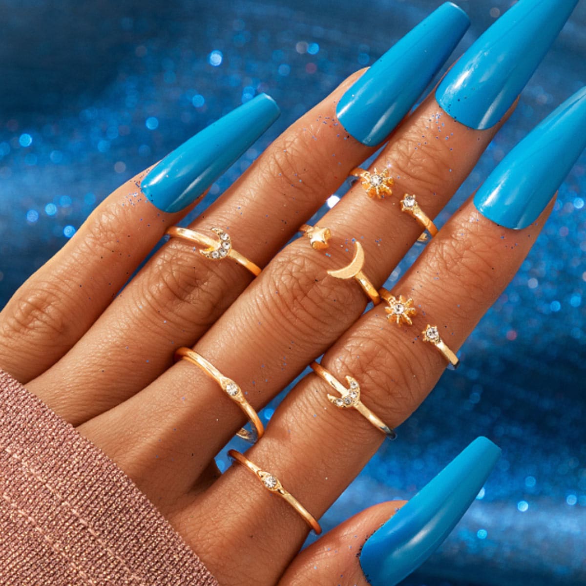 

7pcs Rhinestone Decor Ring, Gold