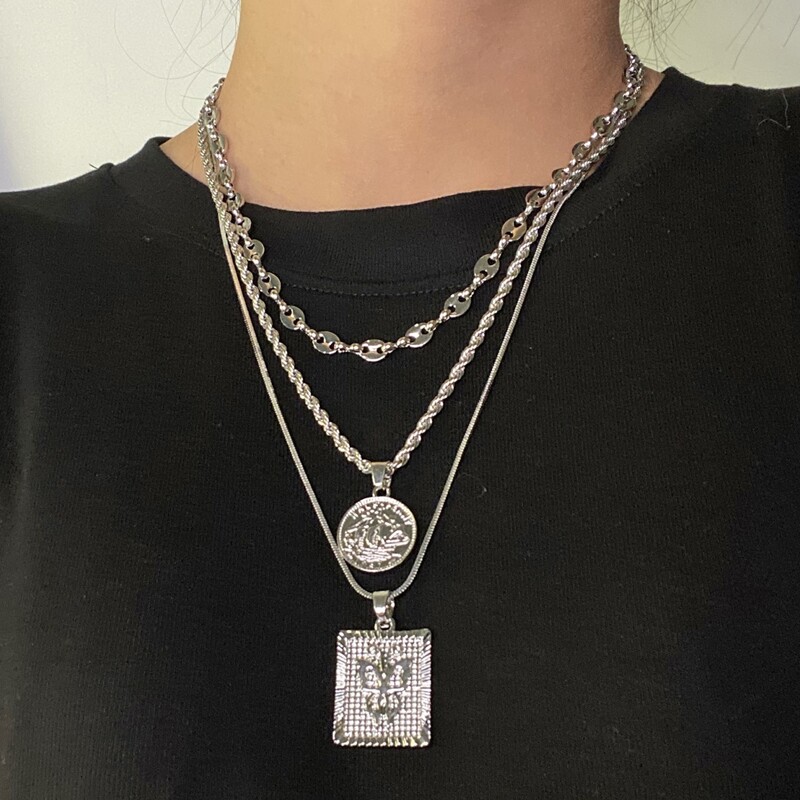 

3pcs Butterfly & Coin Necklace, Silver
