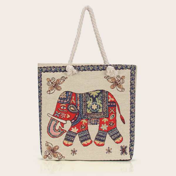 

Animal Graphic Shoulder Tote Bag, Beige