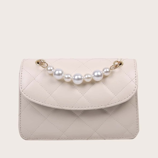 

Minimalist Faux Pearl Decor Quilted Satchel Bag, Beige