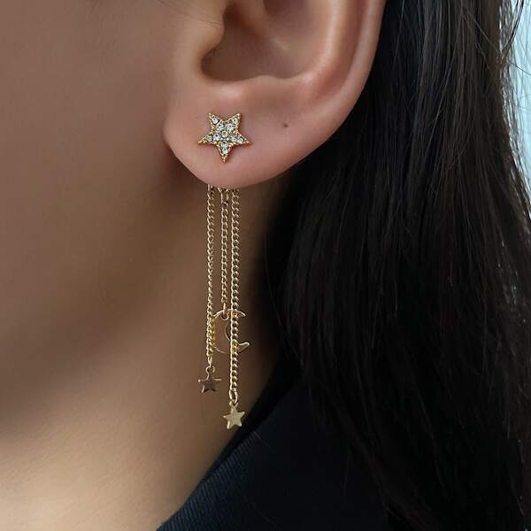 

Rhinestone Star Decor Long Chain Drop Earrings, Gold