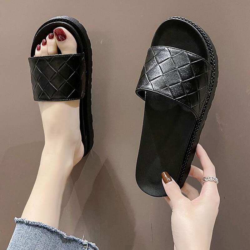 

Weave Wide Band Slide Sandals, Black
