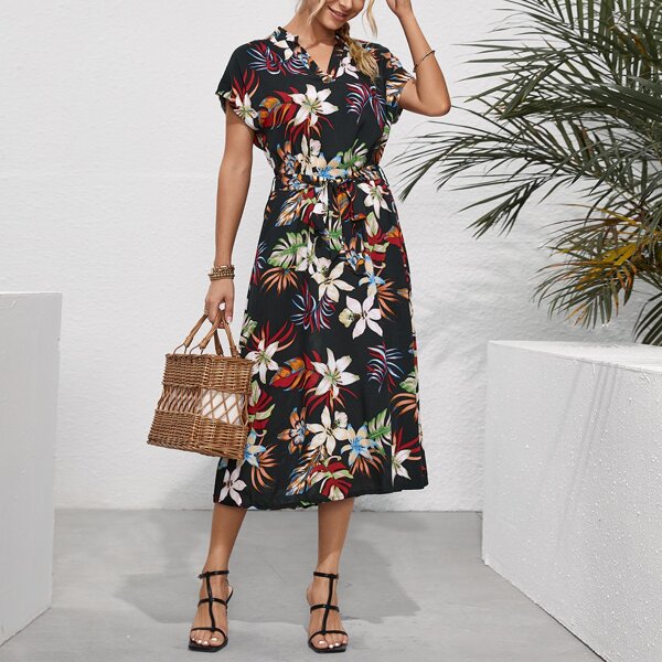 

Floral Print Notched A-line Dress, Multicolor
