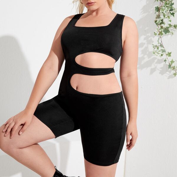

Plus Cut Out Side Solid Romper, Black