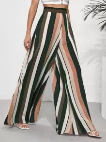 High Waist Striped Print Wide Leg Trousers - Multicolor - View 1