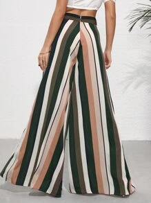 High Waist Striped Print Wide Leg Trousers - Multicolor - View 2