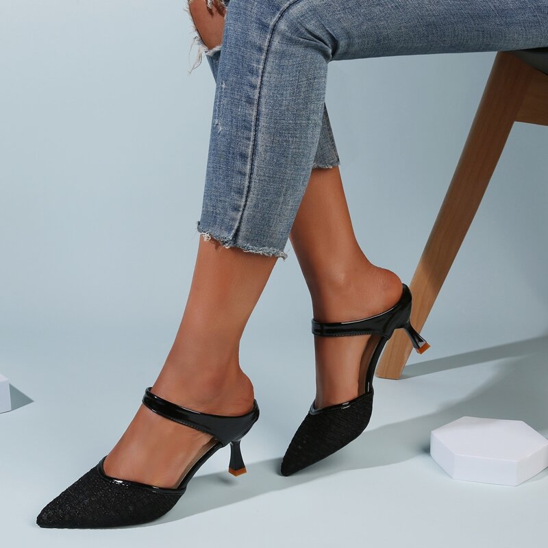 

Mesh Point Toe Mules, Black