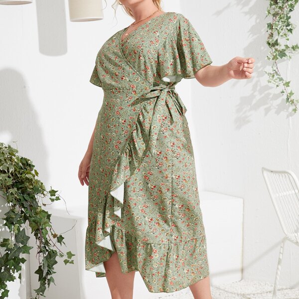 

Plus Ditsy Floral Ruffle Hem Knot Side Wrap Dress, Lime green