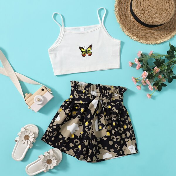 

Toddler Girls Butterfly Print Cami Top & Paper Bag Waist Belted Shorts, Multicolor
