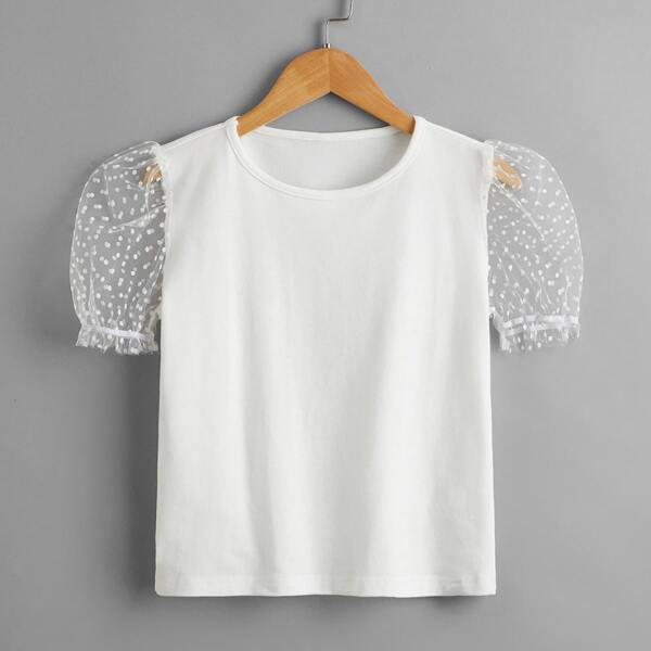 

Toddler Girls Contrast Dobby Mesh Puff Sleeve Tee, White
