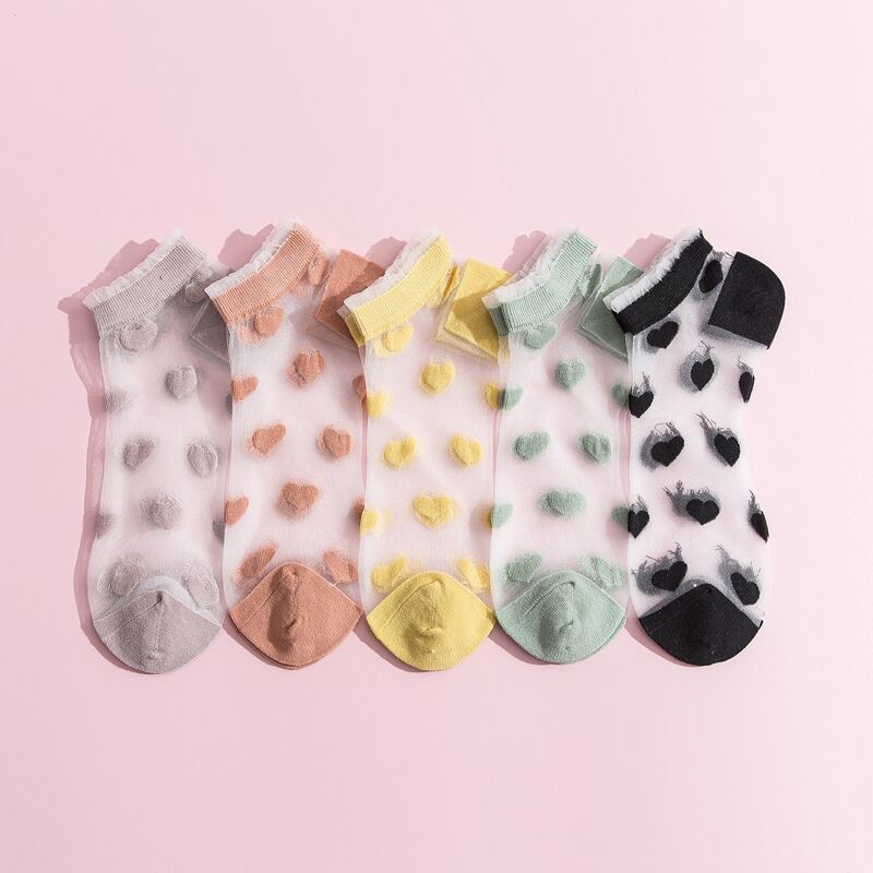 

5pairs Heart Contrast Mesh Socks, Multicolor